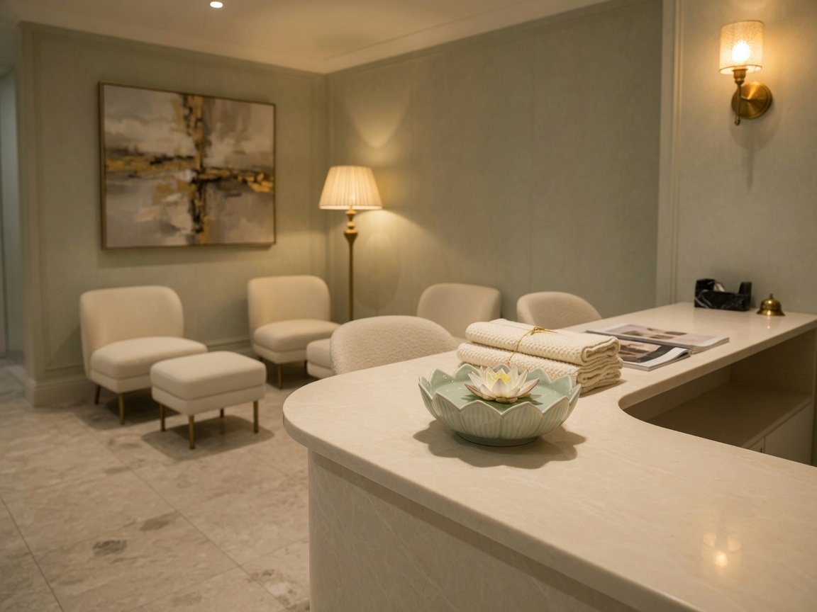 Reception desk and waiting chairs at Golden Lotus Nails and Spa